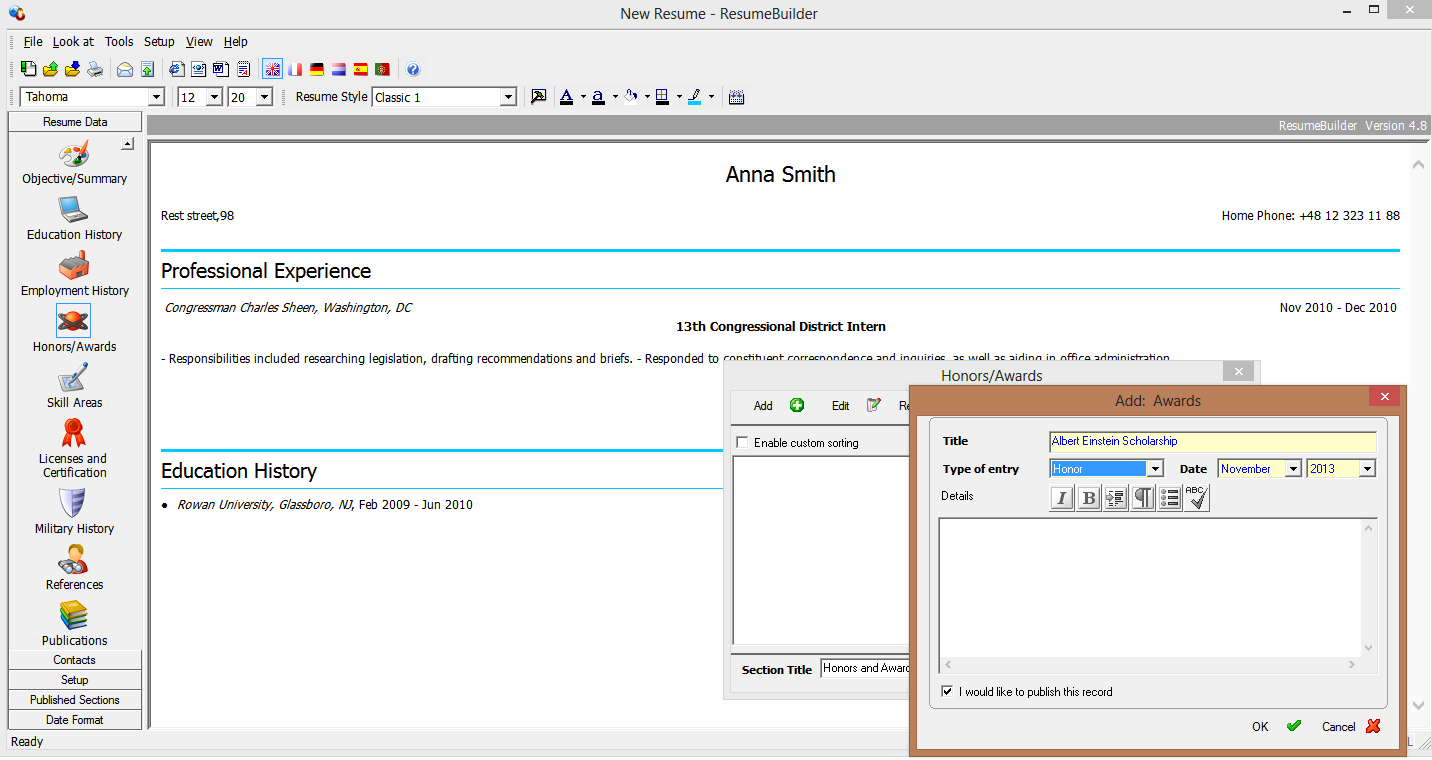 Sarmsoft Resume Builder: creating CV from scratch