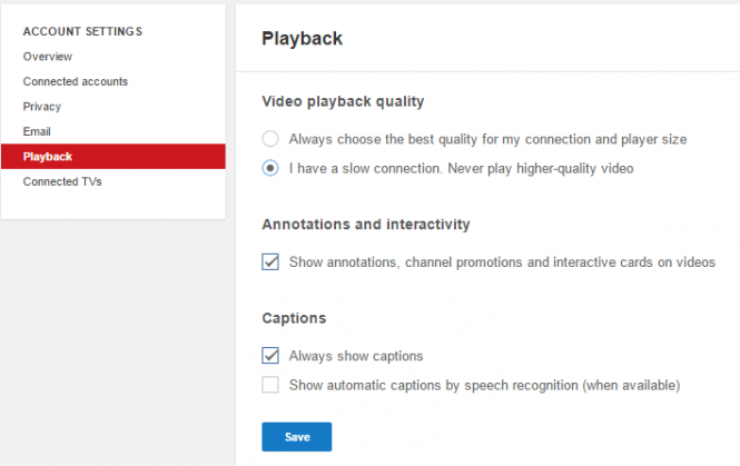 YouTube Playback Settings