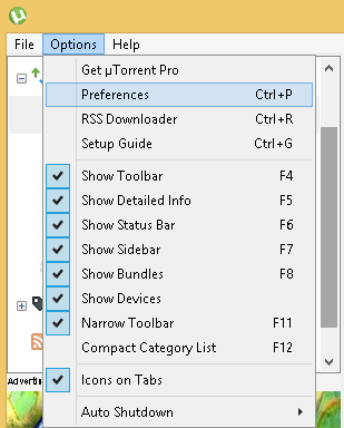 Options - Preferences in uTorrent