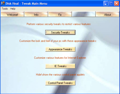 Disk Heal Tweaks Window